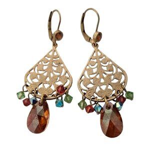 Vintage Gold Tone Filigree Crystal Drop Earrings 2" Long Holiday Party